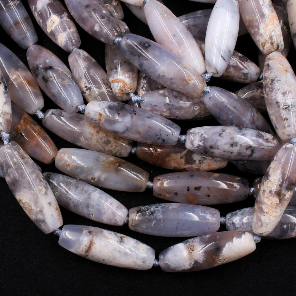 Natural Dendritic Chalcedony Beads Long Tube Cylinder Drum Smooth Beads Large 40mm Focal Pendant Bead Dendritic Pattern 16" Strand
