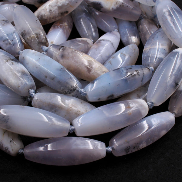 Icy! Natural Blue Angel Chalcedony Beads Dendritic Pattern Long Drum Tube Cylinder Smoothly Faceted Beads Gemmy Clear Gemstone 16" Strand