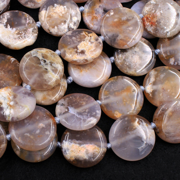 Natural Dendritic Chalcedony Beads Large Coin Circle Smooth Beads 25mm Translucent Golden Honey Yellow Chalcedony 16" Strand