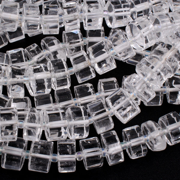 Faceted Natural Rock Crystal Quartz Beads Rondelle Large Icy Rock Crystal Hand Cut Clear Raw Crystals 16" Strand