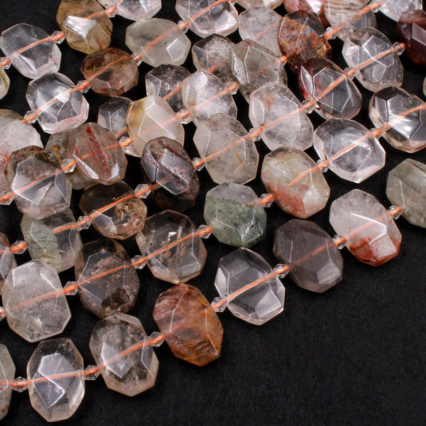 Natural Phantom Lodolite Quartz Faceted Octagon Rectangle Cushion Flat Beads Golden Red Green Crystal Quartz Rutile 16" Strand