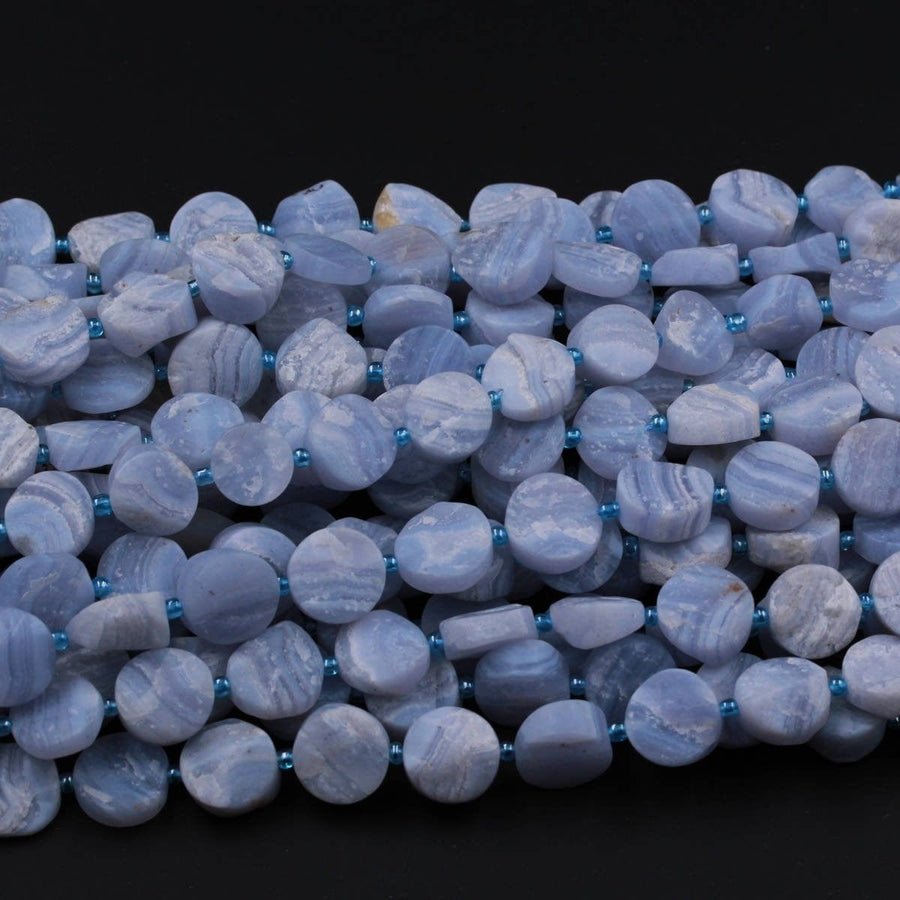 Blue Lace Agate Coin Beads Raw Organic Natural Blue Lace Agate Coin Beads Vertically Drilled Rough Cut Coin 16" Strand