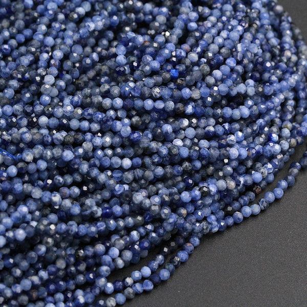 High Quality Natural Blue Sodalite Round 2mm 3mm 2.5mm Faceted Round Beads Micro Cut Faceted Tiny Small Genuine Gemstone 16" Strand