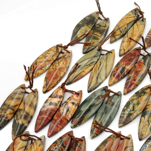 Natural Red Creek Jasper Earring Pair Cabochon Cab Drilled Long Marquise Matched Gemstone Bead Pair Aka Multicolor Picasso Jasper