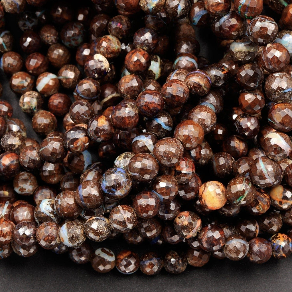 Natural Australian Boulder Opal Beads Faceted 5mm 6mm Beautiful Opal Veins 19" Sterling Silver Clasp Necklace Strand