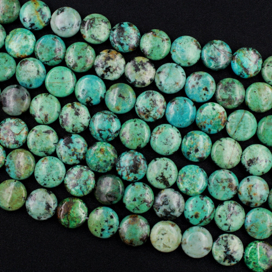 Natural African Turquoise 12mm Coin Beads Vibrant Blue Green Turquoise Untreated Gemstone 16" Strand