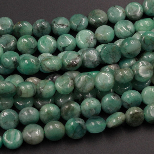 Emerald Coin Beads Real Genuine 100% Natural Green Emerald Gemstone Puffy 8mm Coin Shaped Beads Full 16" Strand