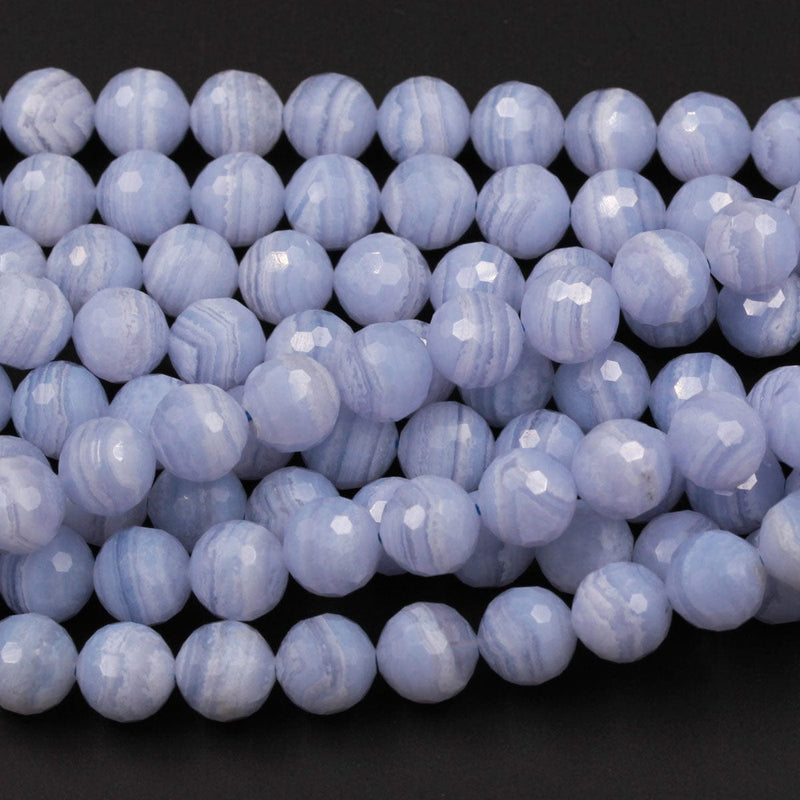 AAA Natural Blue Lace Agate Beads Faceted 6mm Faceted 8mm Faceted 10mm Round Beads Blue Chalcedony Micro Faceted Diamond Cut Bead 16" Strand