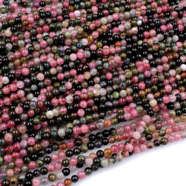 Natural Multicolor Pink Green Tourmaline Round Beads 4mm Colorfu Real Genuine Tourmaline Gemstone Beads 16" Strand