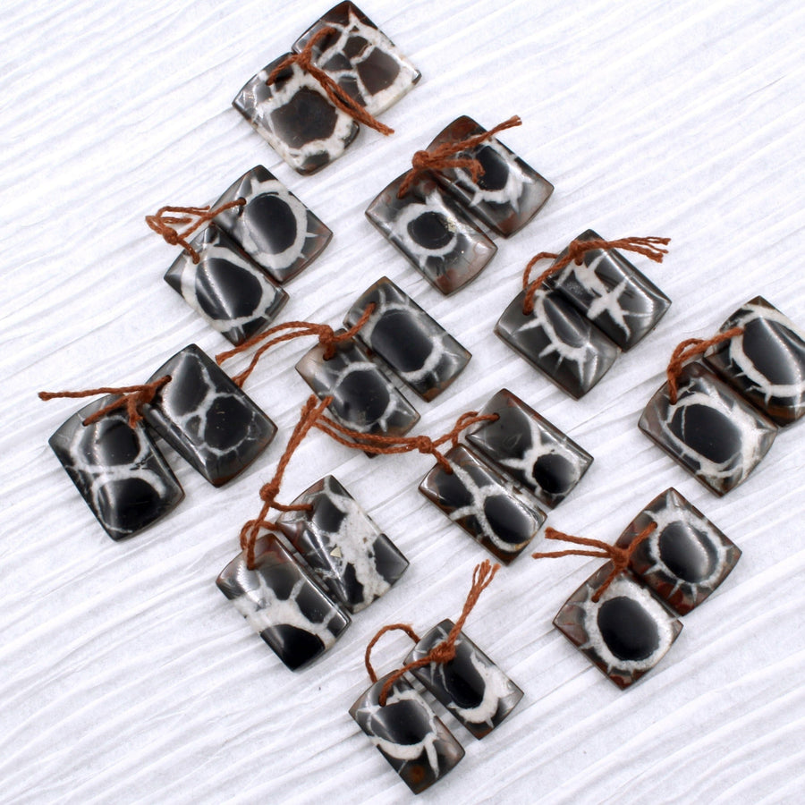 Natural Septarian Fossil Earring Pair Cabochon Cab Pair Drilled Short Square Rectangle Matched Earrings Black White Pattern Bead Pair