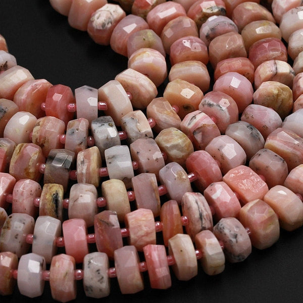 Large Natural Peruvian Pink Opal Faceted Rondelle Wheel Beads Pink Opal Faceted Saucer Center Drilled Disc Nugget AAA Quality 16" Strand
