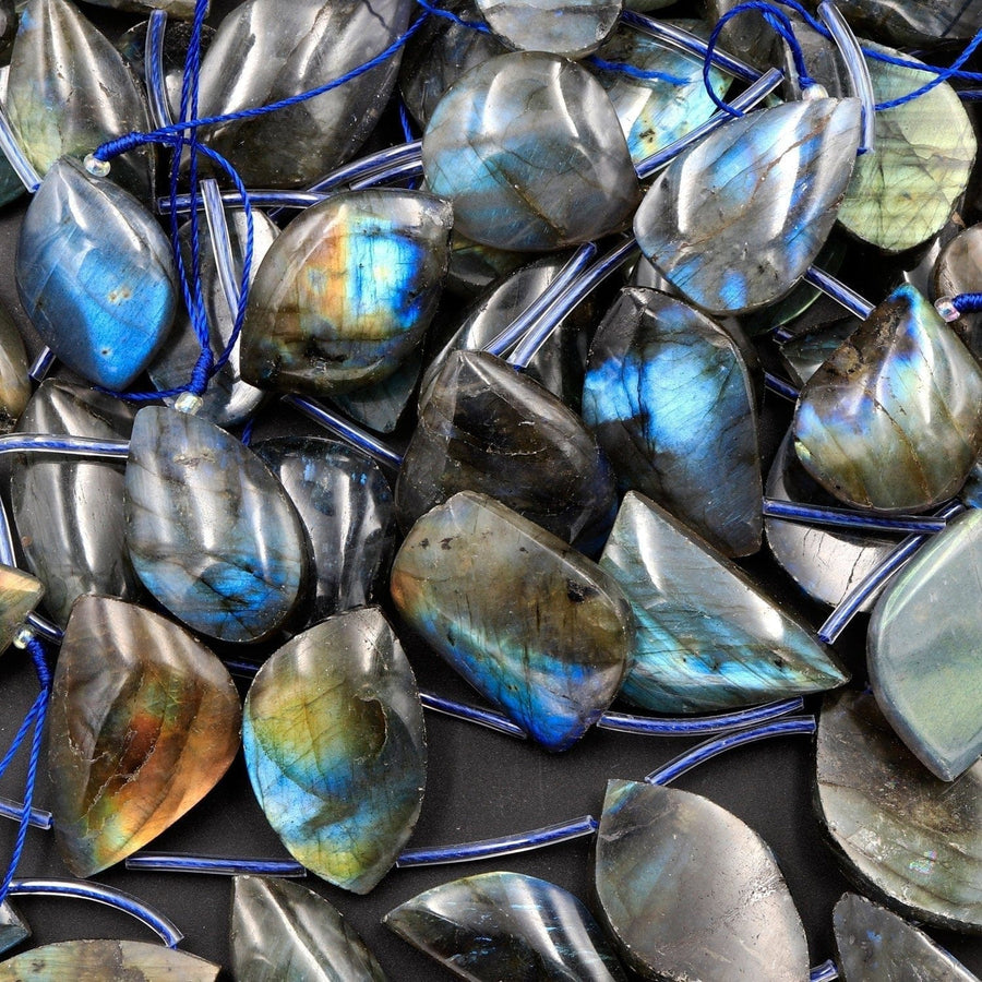 Natural Labradorite Beads Freeform Teardrop Shape Top Side Drilled Pendant Focal Tones of Blue Green Gold Flashes 16" Strand