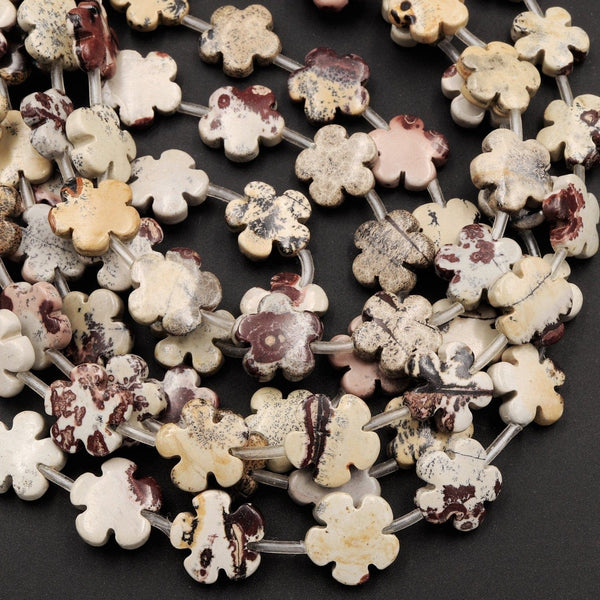 Carved Picture Jasper Beads Cherry Blossom Flower Earthy Red Yellow Brown Natural Multi-color Artistic Stone 16" Strand