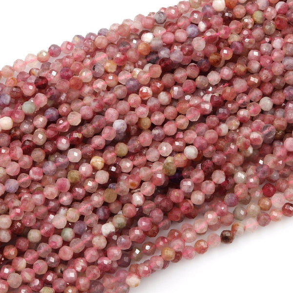 Natural Pink Tourmaline Faceted 3mm 4mm 5mm Round Beads Micro Faceted Tiny Small Round Beads Diamond Cut Gemstone 16" Strand