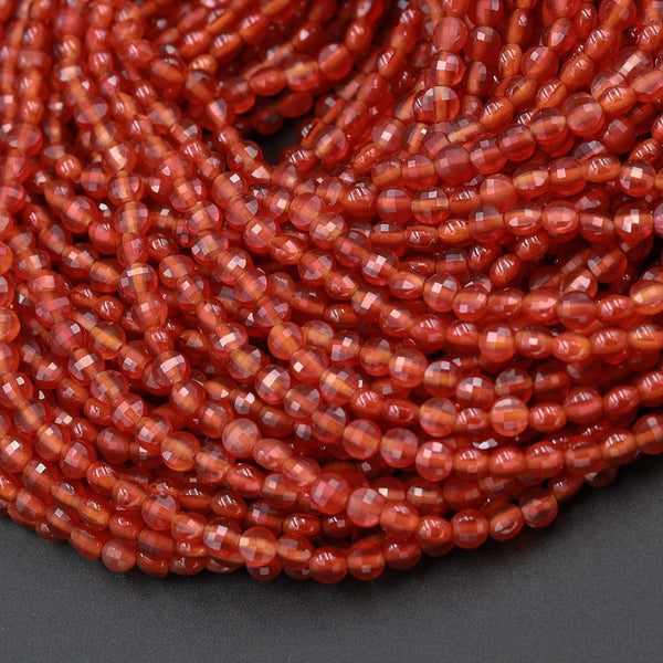 Natural Carnelian Micro Faceted 4mm Coin Flat Disc Dazzling Facets Small Fiery Orange Red Gemstone Diamond Cut New Cut 16" Strand