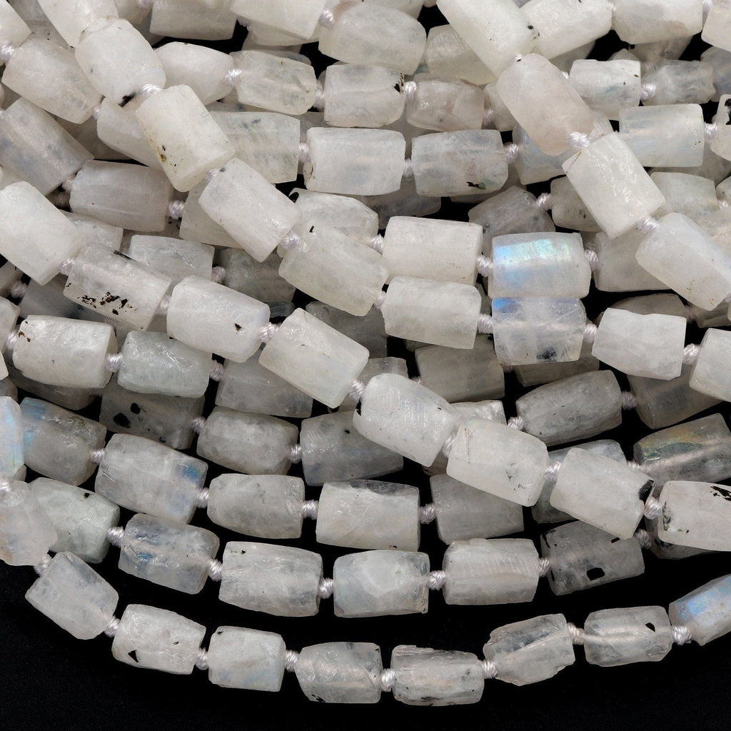 Matte Natural Rainbow Moonstone Beads Frosty Raw Rough Faceted Rectangle Tube Nuggets Organic Natural Gemstone 16" Strand