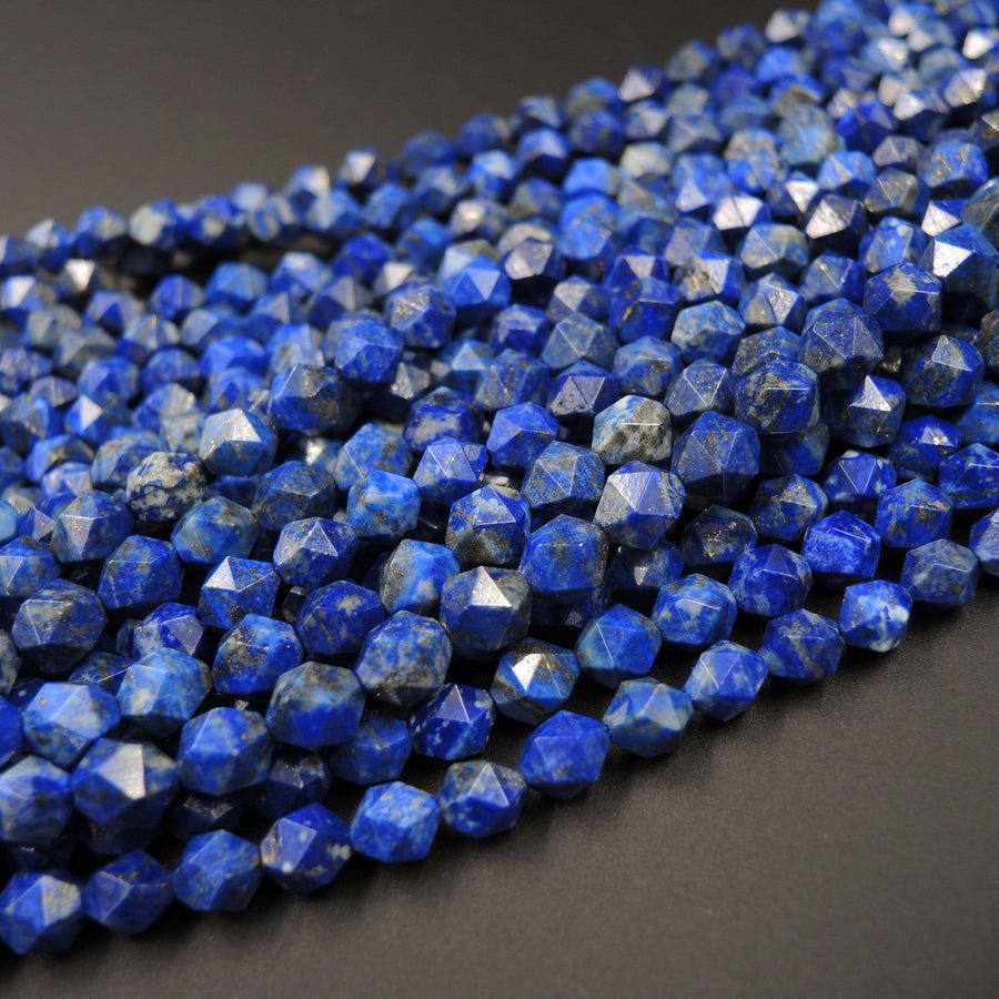 Star Cut Gemstone Beads Geometric Faceted Beads Natural Blue Lapis Faceted 8mm 10mm Beads Rounded Nugget Beads Full 16" Strand