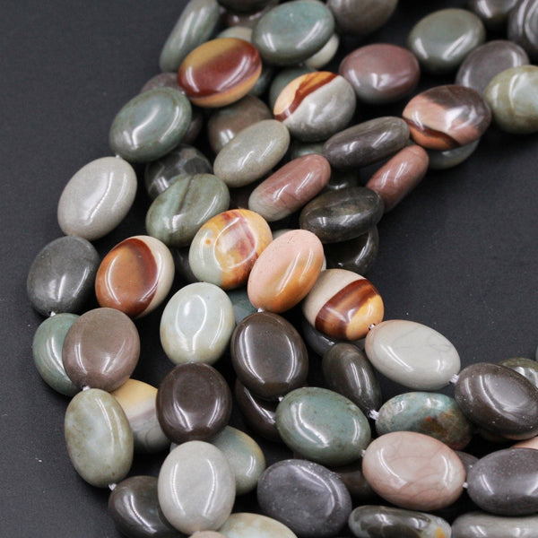 Natural Polychrome Ocean Jasper Oval Beads Landscape Jasper Oval Puffy Polished 16mm x 12mm Beads Earthy Teal Green Slate Brown 16" Strand