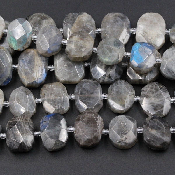 Natural Faceted Labradorite Slab Cushion Rectangle Rectangular Nugget Focal Beads Dark Labradorite W Blue Green Fire 16" Strand