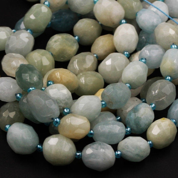 Natural Aquamarine Faceted Oval Pebble Beads Freeform Nuggets Mulicolor Blue Green Yellow Aquamarine Beads 16" Strand