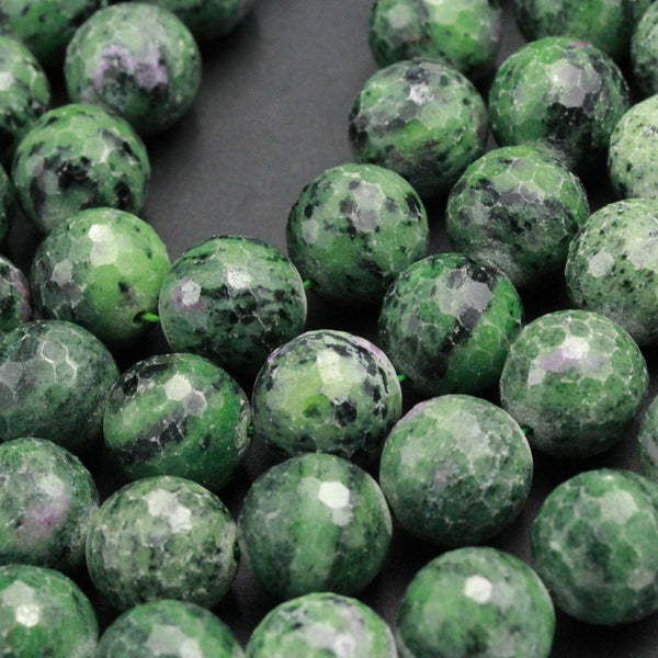 Large Faceted Natural Ruby Zoisite 16mm Round Beads Green Zoisite Gemstone 16" Strand