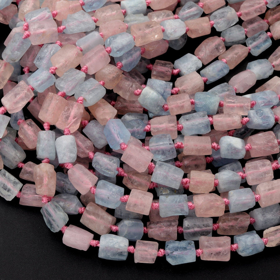 Raw Matte Faceted Blue Aquamarine Pink Morganite Tube Beads Nuggets Rectangle Extra Gemmy Organic Natural Beryl 16" Strand