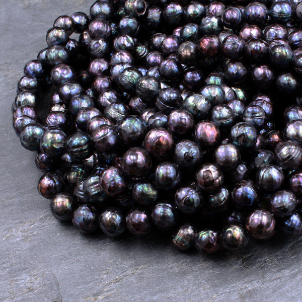 Large Faceted Genuine Freshwater Pearl Mystic Black Peacock Pearl 8mm Round Shimmery Iridescent Beads 16" Strand