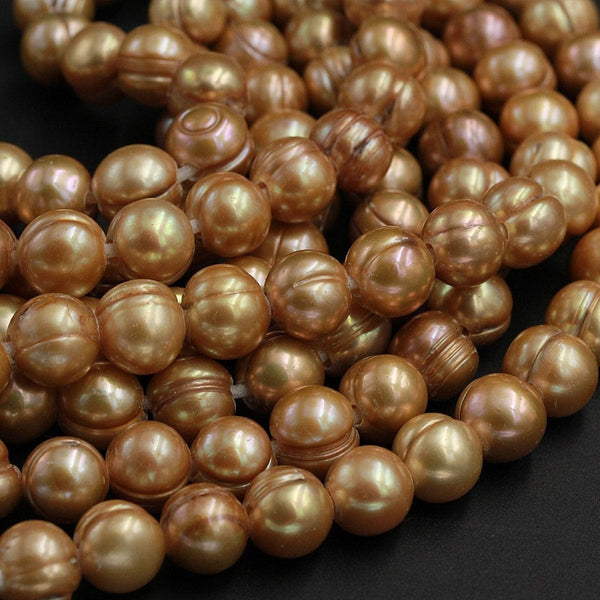Large Hole Golden Bronze Champagne Pearl Beads Genuine Freshwater Pearl Round 10mm 11mm 12mm Shimmery Rich Golden Big 2.5mm Hole 8" Strand