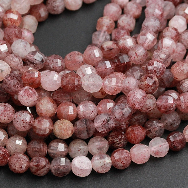 Geometric Lantern Faceted Natural Red Pink Strawberry Quartz 9mm Round Beads Sparkling Gemstone Good For Earring Pair Beads 16" Strand