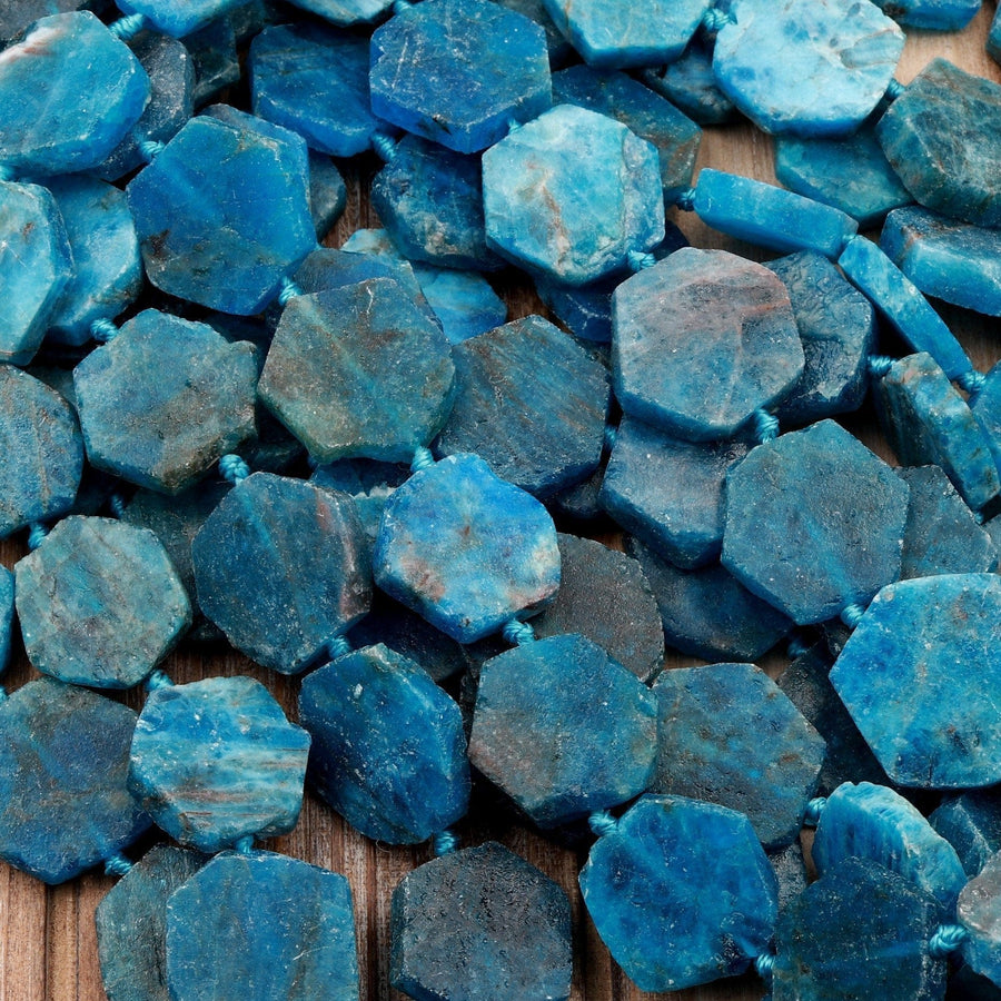 Matte Raw Natural Blue Apatite Octagon Hexagon 18mm Beads Geometric Cut Flat Slice Gemstone 16" Strand