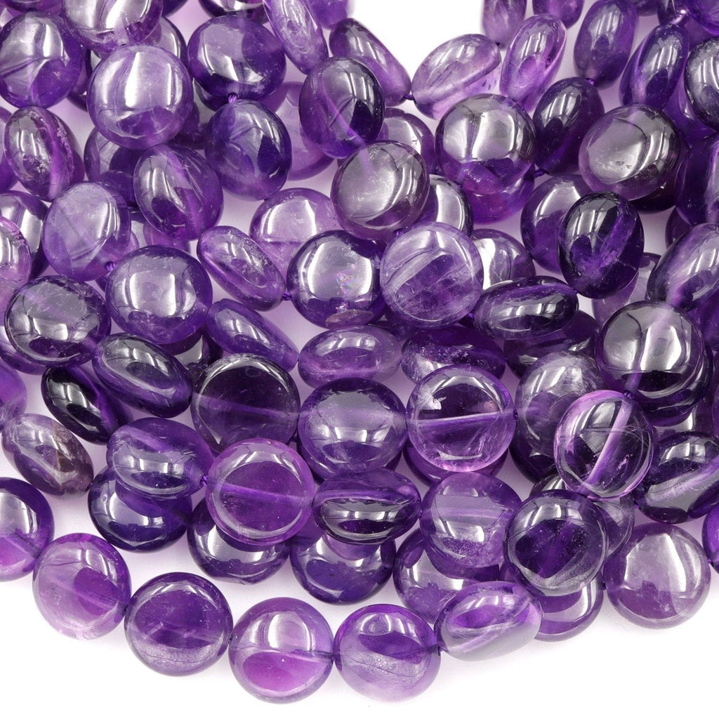 AA Natural Amethyst Coin Beads Puffy Coin 10mm 12mm Nugget Good For Earrings Genuine Real Rich Purple Amethyst Gemstone Beads 16" Strand
