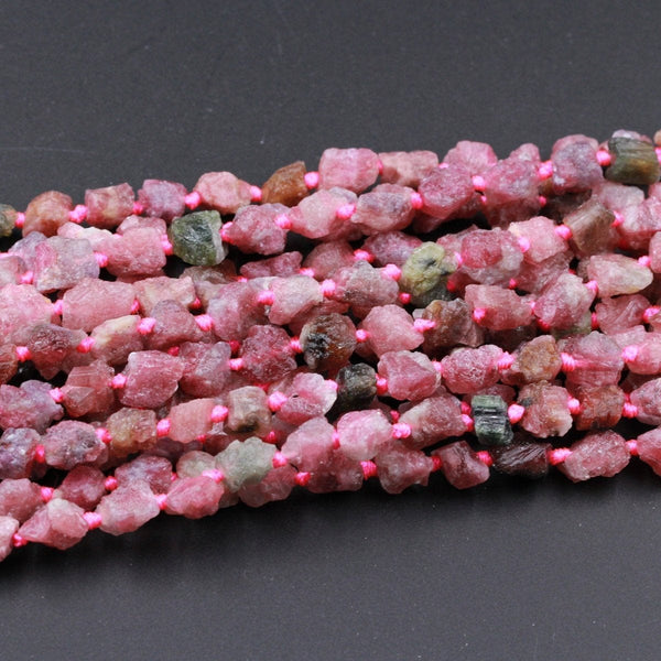 Rough Raw Natural Pink Tourmline Beads 6mm 8mm Freeform Nugget Multicolor Pink Green Tourmaline Nuggets Organic Cut Nuggets Beads 16" Strand