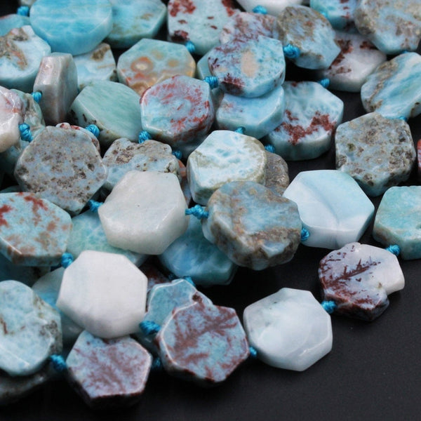 Natural Blue Larimar Hexagon Octagon Flat Disc Nuggets Unique Creative Designer Slice Beads Real Genuine Larimar Earring Beads 16" Strand