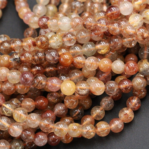 Multicolor Natural Red Golden Yellow Rutile Quartz 4mm 5mm 6mm Round Beads Tons of Sharp Rutilated Hair Needle 16" Strand