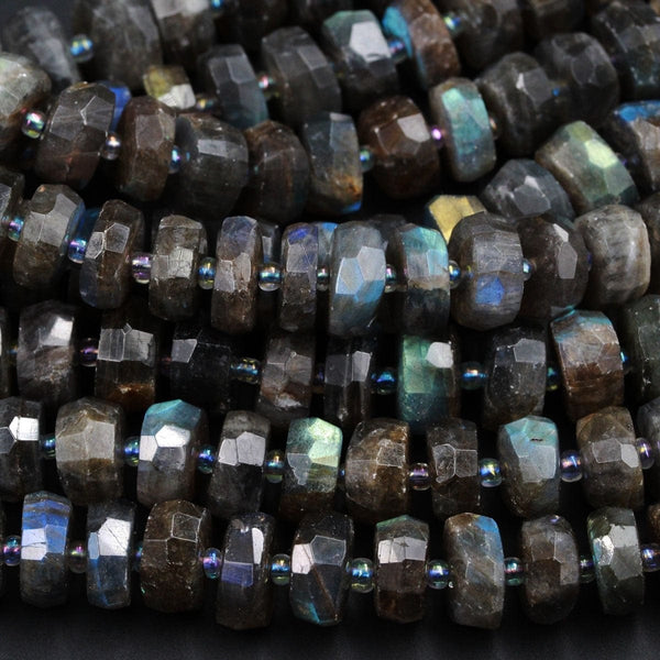 AAA Quality Flashy Natural Dark Gray Labradorite Faceted Rondelle Beads Tons of Rainbow Fire Faceted Rondelle 14mm Beads 16" Strand Strand
