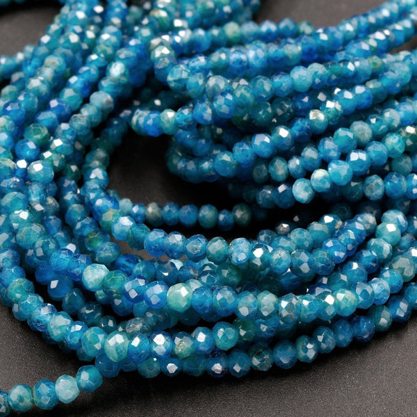 Micro Faceted Natural Blue Apatite Rondelle Beads Small 3mm 5mm Rondelle Laser Diamond Cut Sparkling 16" Strand