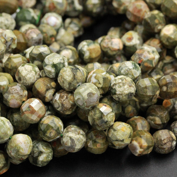 Geometric Lantern Faceted Natural Rainforest Rhyolite Forest Green Orange Jasper 10mm Round Bead Sparkling Natural Gemstone 16" Strand