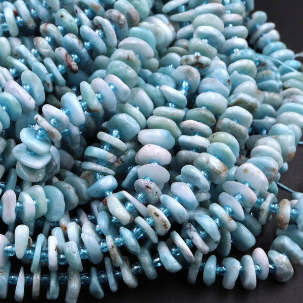 Genuine Natural Blue Larimar Rondelle Nuggets Polished Disc Saucer Center Dilled Freeform Circle Coin Beads Real Larimar Stone 16" Strand