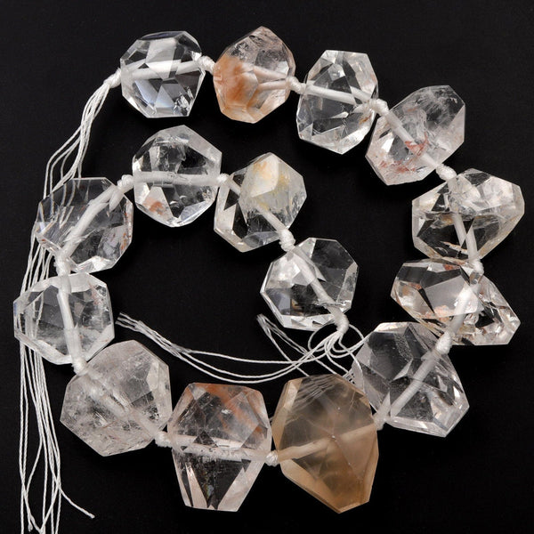 AAA Natural Rock Crystal Quartz W Red Iron Matrix Freeform Faceted Large Focal Bead Nugget Pendant Super Clear Sparkling Gemstone 16" Strand