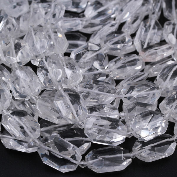 Chunky Faceted Real Natural Rock Crystal Quartz Rectangle Rectangular Bead Flat Nugget Slab Slice Cushion Pendant Focal Beads 16" Strand