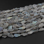 Natural Labradorite Large Matte Raw Rough Nugget Long Bead Flat Freeform Blue Flashes High Quality Hand Hammered Gemstone 16" Strand