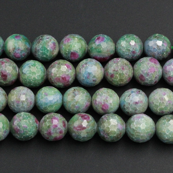 Large Faceted Natural Ruby Fuchsite Beads Round 13mm Faceted Round Beads Red Ruby Blue Fuchsite Gemstone Fuschite 16" Strand
