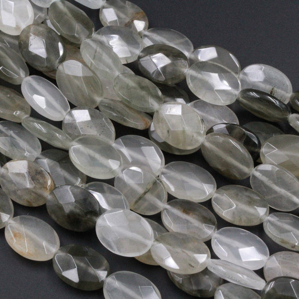 Natural Brazilian Quartz Beads Faceted Oval 18mm x 13mm Puffy Clear Green Quartz Earthy Organic Natural Crystal 16" Strand