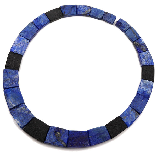 Rough Raw Matte Natural Blue Lapis Black Tourmaline Beads Hand Hammered Fan Shaped Nugget Wide Trapezoid Rectangle 18" Strand