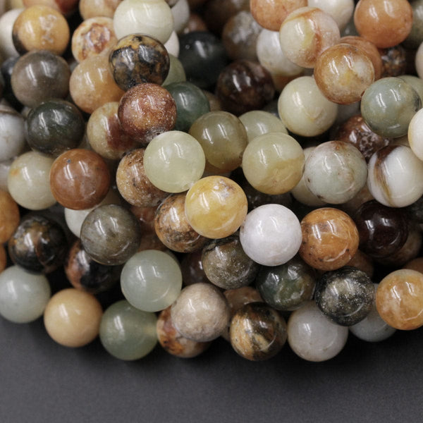 Natural Flower Jade Beads Round Beads 6mm 8mm Earthy Brown Green Jade Beads 16" Strand