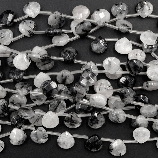 Black Rutilated Quartz Faceted Pear Teardrop Beads 10mm 12mm Natural Black Tourmaline in Clear Quartz Gemstone 16" Strand