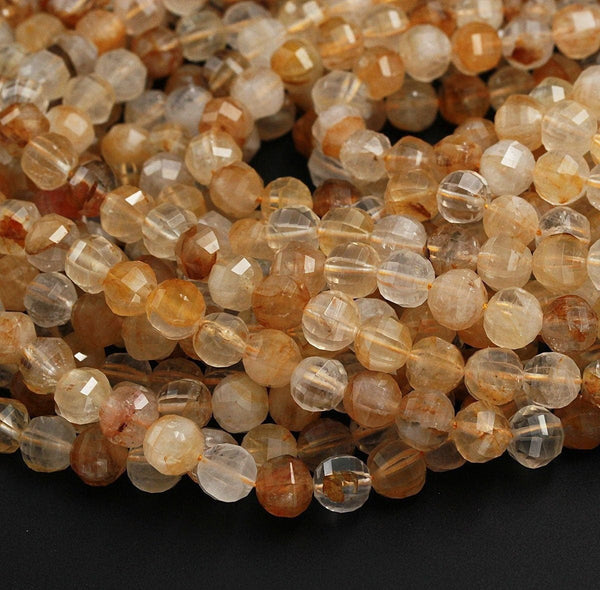 Lantern Faceted Natural Golden Quartz 10mm Brazilian Golden Yellow Quartz Round Beads Micro Faceted Diamond Cut Sparkling 16" Strand