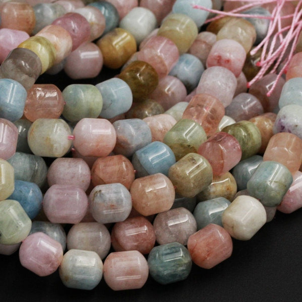 Natural Aquamarine Morganite Beryl Barrel Drum Bullet Tube Nugget Beads 10mm 12mm 14mm  Multicolor Blue Green Pink Peach Gemstone 16" Strand