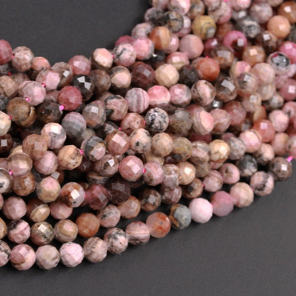 Micro Faceted Natural Pink Rhodochrosite 6mm Faceted Round Beads Laser Diamond Cut Gemstone 16" Strand