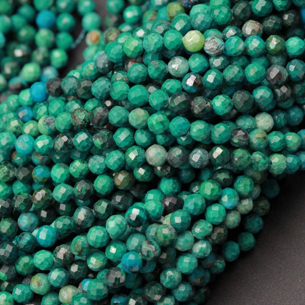 Micro Faceted Small Natural Green Chrysocolla Round Beads 3mm 3.5mm 4mm Faceted Round Beads Laser Diamond Cut Gemstone 16" Strand